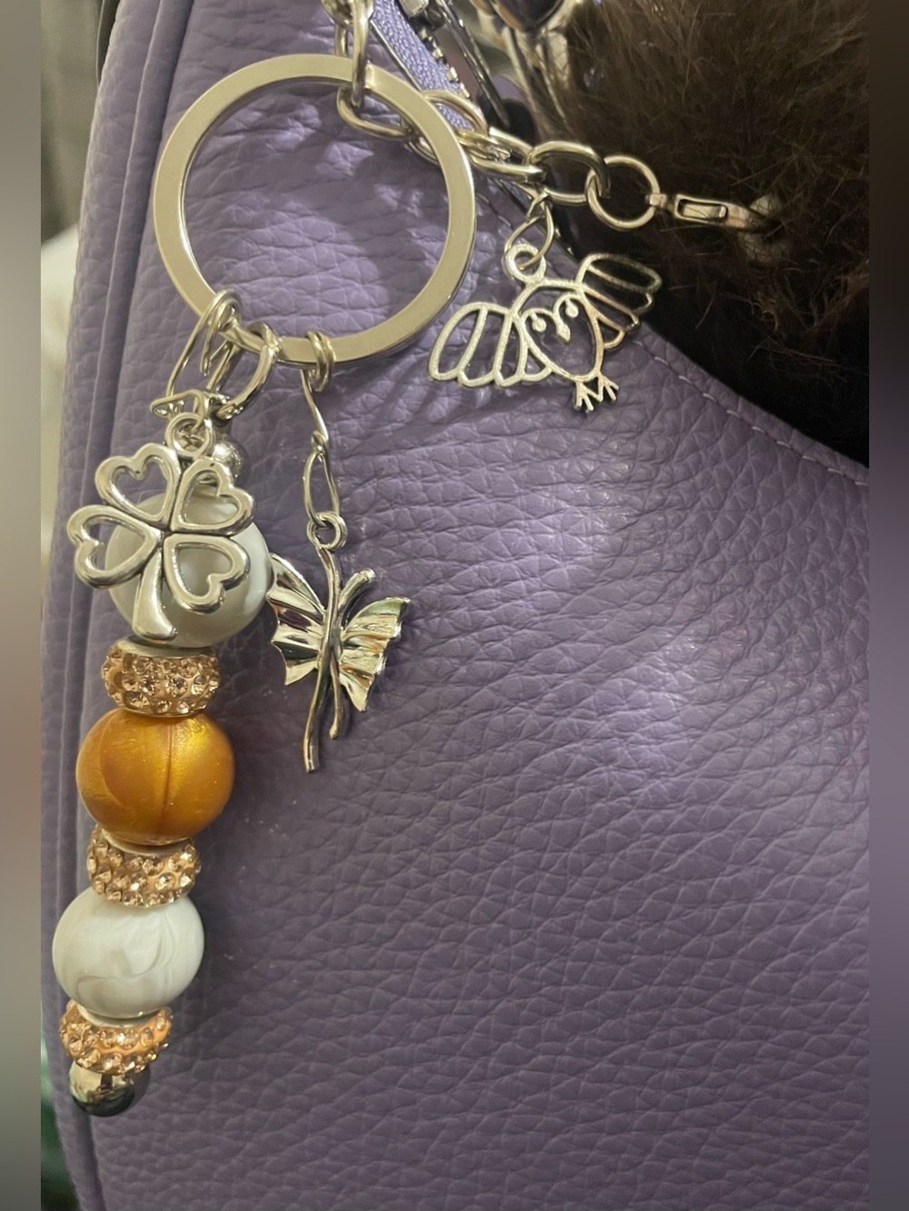 Gray, brown and Gold Beaded Keychain with chocolate pom pom-HANDMADE